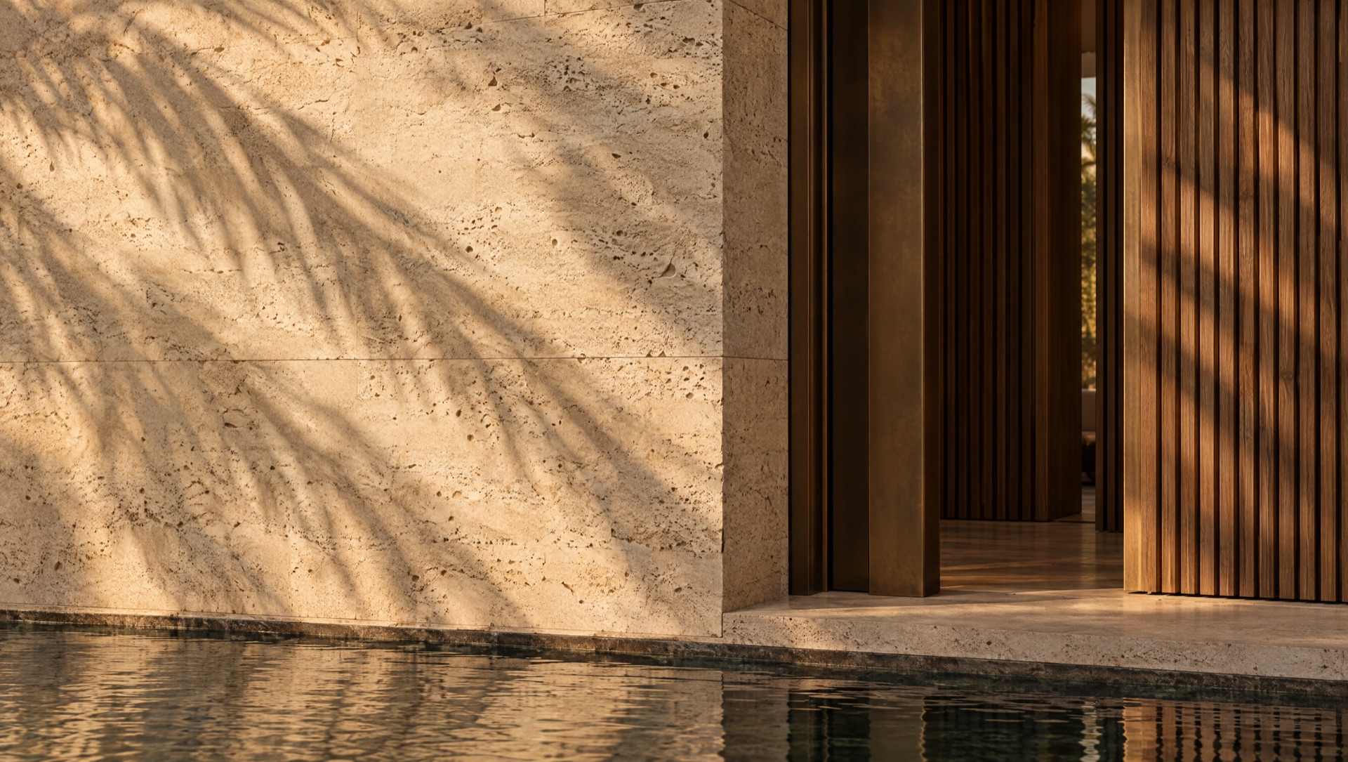 Warm limestone and bronze screening in soft afternoon light