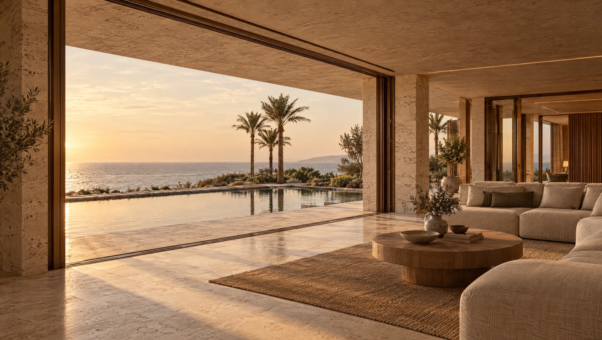 The imagined living pavilion, with linen seating and open glazing facing the pool and sea